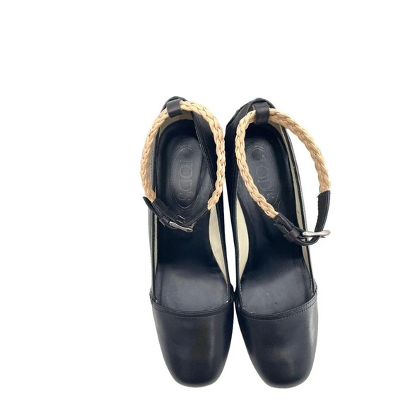 TOD'S Womens size US 7 Black Leather Platform Wedge Shoes Strap EU 37 Dust Bag - Picture 7 of 16